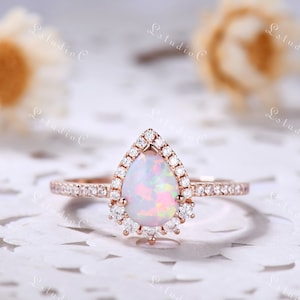 Vintage Pear Shaped White Opal Engagement Ring 14k Rose Gold Antique Teardrop Fire Opal Ring Dainty Silver October Birthstone Ring for Women