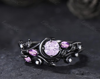 Firework Cut Lavender Sapphire Leaf Engagement Ring Set Silver Black Gold Amethyst Ring Purple Gemstones Ring Crescent Moon Vine Twig Ring