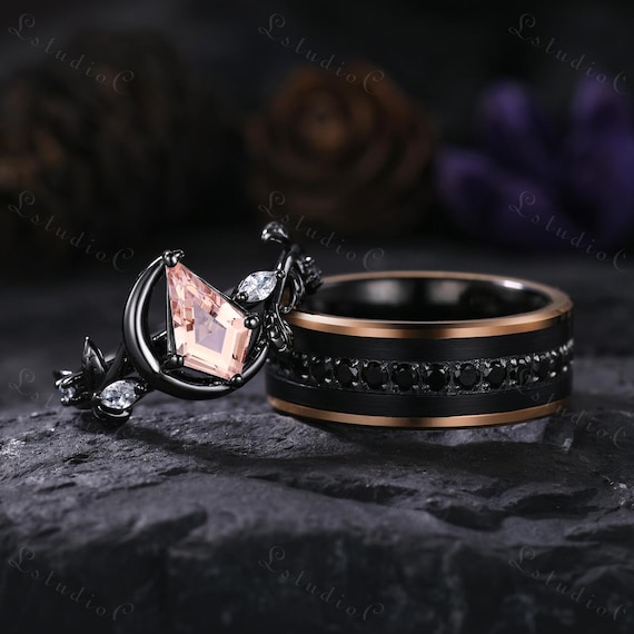 Dainty Kite Cut Morganite Couple Ring Set Black Onyx Men Ring for