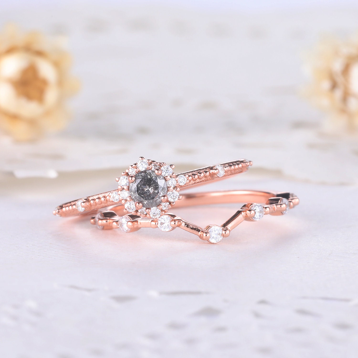 Rose Gold Salt Pepper Diamond Wedding Ring Set CZ Women | Etsy