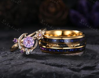 Conjunto de anillos de pareja vintage de amatista lavanda, anillo único de tungsteno Galaxy para hombre, alianza de boda para él y para ella, delicado anillo de promesa, conjunto nupcial