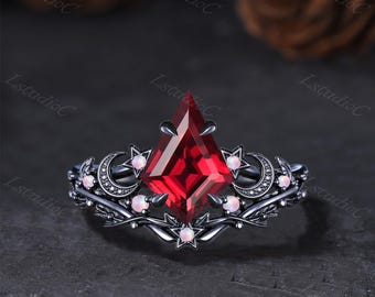 Antique Gothic Kite Cut Ruby Star Moon Engagement Ring Set Opal Celestial Black Gold Leaf Twig Ring Vintage July Birthstone Promise Ring