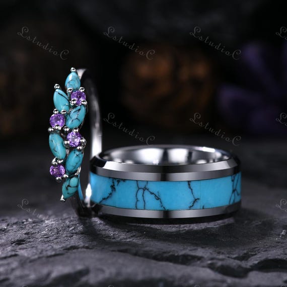 Turquoise Amethyst Couple Ring Set Tungsten Turquoise Mens Ring