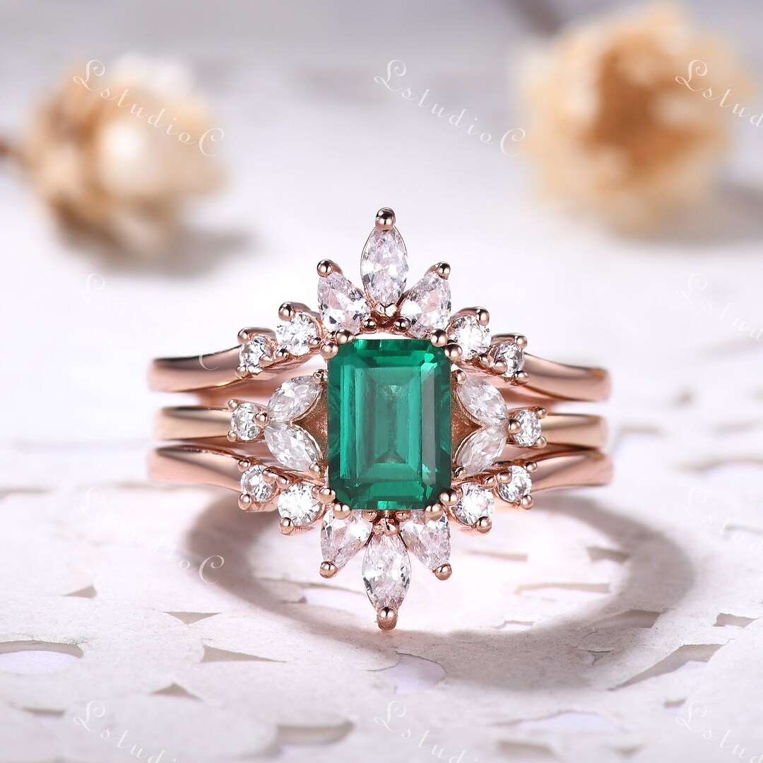 Vintage Emerald Cut Emerald Engagement Ring Set Marquise Moissanite ...