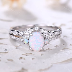 Ovaal geslepen witte opaal ring set 2 stuks witgoud vintage vuuropaal moissaniet bruiloft bruids ring set oktober geboortesteen sieraden cadeau voor vrouwen