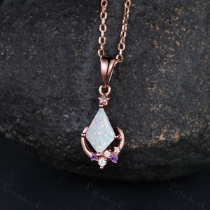 Unique Kite Cut White Opal Amethyst Necklace Rose Gold Star Moon Moissanite Pendant Art Deco Women Anniversary Gift Vintage Dainty Gift