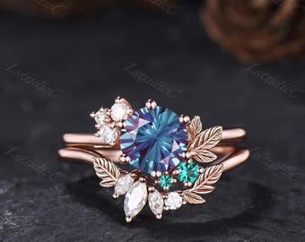 Round Firework Cut Alexandrite Leaf Engagement Ring Set 14k Rose Gold Emerald Cluster Ring Nature Inspired Ring June Birthstone Bridal Ring