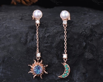 Firework Cut Alexandrite Emerald Sun Moon Dangle Drop Earrings Rose Gold Pearl Moissanite Earrings Dainty Celestial Gemstone Earrings