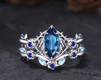 Marquise Cut London Blue Topaz Gothic Fantasy Engagement Ring Set Silver White Gold Sapphire Moonstone Rose Floral Thorn Ring Blue Stones
