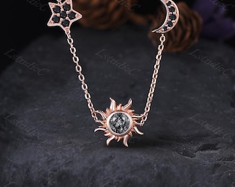 Black Rutilated Quartz Sun Celestial Pendant Necklace Black Onyx Star Moon Necklace Black Gemstones Necklace Rose Gold Cosmic Necklace