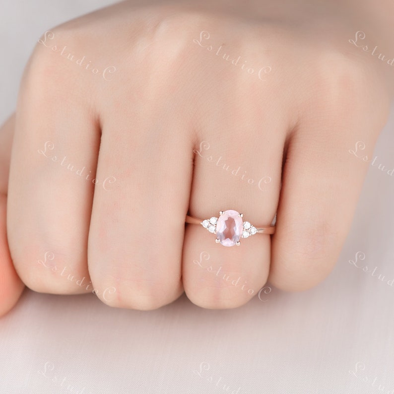 Natural Oval Rose Quartz Engagement Ring Sterling Silver Dainty Quartz Ring Vintage Gemstone Ring Women Unique Wedding Promise Ring image 7