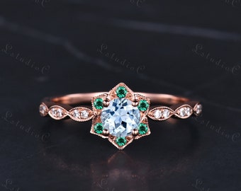 Dainty Blue Aquamarine Halo Engagement Ring 14k Rose Gold Vintage Emerald Flower Ring Unique Art Deco Floral Bridal Ring Gift for Women
