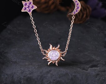 Firework Cut Lavender Purple Sapphire Sun Necklace Pendant Amethyst Star Moon Celestial Necklace Unique Valentine Anniversary Gift for Her