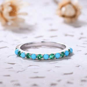 Emerald Wedding Band Sterling Silver White Gold Turquoise Wedding Band Unique Engagement Ring Gemstone Ring Promise Bridal Ring Anniversary