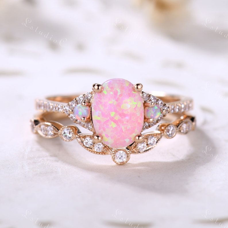 Oval Cut Pink Opal Ring Set 14k Rose Gold Vintage Fire Opal Moissanite Wedding Bridal Ring Set October Birthstone Jewelry Gift for Women image 4