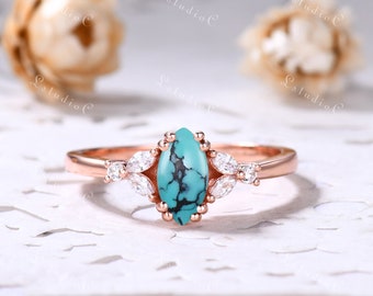 Dainty Marquise Shaped Turquoise Ring Vintage Leaf Moissanite Ring Silver Rose Gold Art Deco Nature Inspired Birthstone Ring for Women