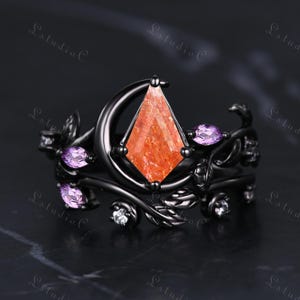 Vintage Kite Cut Sunstone Amethyst Black Gold Ring Set Art Deco Leaf Engagement Ring Unique Crescent Moon Ring Nature Inspired Ring Women