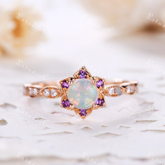 Fire Opal Ring Amethyst Ring Vintage Opal Ring Genuine Opal Ring