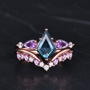 Natural Kite Cut London Blue Topaz Ring Set Rose Gold Pear Marquise Amethyst Moissanite Engagement Set Women Birthstone Promise Ring Gift