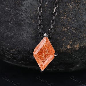 Dainty Rhombus Cut Sunstone Pendant Black Gold Minimalist Kite Cut Orange Gemstone Necklace Engagement Wedding Bridal Anniversary Gift Women