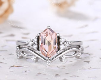 Long Hexagon Cut Morganite Engagement ring Set Vintage Pink Morganite Wedding Ring Set Unique Ring Silver Women Promise Anniversary Ring