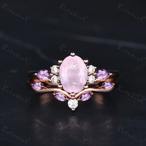 Oval Cut Rose Quartz Amethyst Ring Set Vintage Marquise Purple Stone Moissanite Cluster Ring Antique Gemstone Bridal Set Promise Gift Women