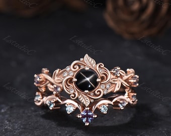 Natural Round Cut Black Star Sapphire Floral Engagement Ring Set Rose Gold Flower Leaf Halo Ring Nature Inspired Alexandrite Ring Bridal Set