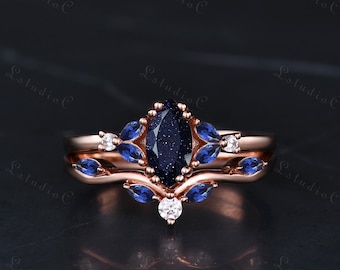 Vintage marquise vormige blauwe zandsteen Galaxy ring set massief gouden sierlijke saffier moissaniet verlovingsring set cluster ring vrouwen cadeau