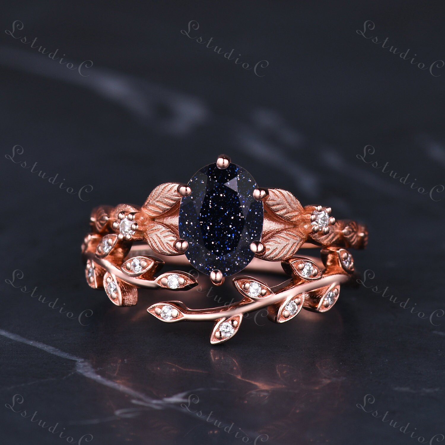 14k Rose Gold Blue Star Sapphire Engagement Ring Set Oval Shaped Blue Star Sapphire Wedding Ring Set Art Deco Leaf Style Engagement Ring Set