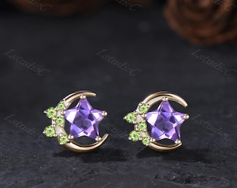 Star Shape Amethyst Peridot Celestial Stud Earrings Yellow Gold Purple Green Stones Earrings Crescent Moon Earring Natural Gemstone Earring