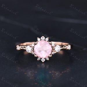 Natural Round Cut Rose Quartz Diamond Engagement Ring Rose Gold Dainty Pink Gemstone Ring 3 Stone Ring Women Promise Anniversary Gift