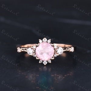 Natural Round Cut Rose Quartz Diamond Engagement Ring Rose Gold Dainty Pink Gemstone Ring 3 Stone Ring Women Promise Anniversary Gift