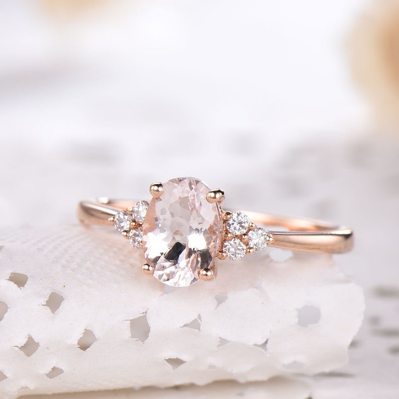 Natural Oval Pink Morganite Engagement Ring Rose Gold Cluster | Etsy
