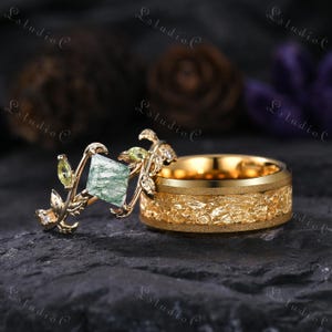 Vintage Kite Cut Moss Agate Couple Ring Set Yellow Gold Tungsten Men Ring Nature Inspired Ring Dainty Leaf Ring Unique Gift for His and Her