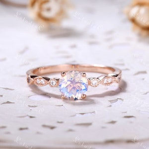 1ct Runder Mondstein Verlobungsring Vintage Solitär Regenbogen Mondstein Ring für Frauen Zierlicher Versprechen Ring Art Deco Jubiläum Ring Gold
