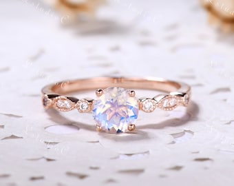 1ct Round Moonstone Engagement Ring Vintage Solitaire Rainbow Moonstone Ring for Women Dainty Promise Ring Art Deco Anniversary Ring Gold