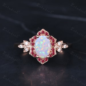 Vintage Oval Cut Opal Ruby Flower Engagement Ring Solid 14k Rose Gold Art Deco Floral Wedding Ring Antique Leaf Bridal Ring for Women