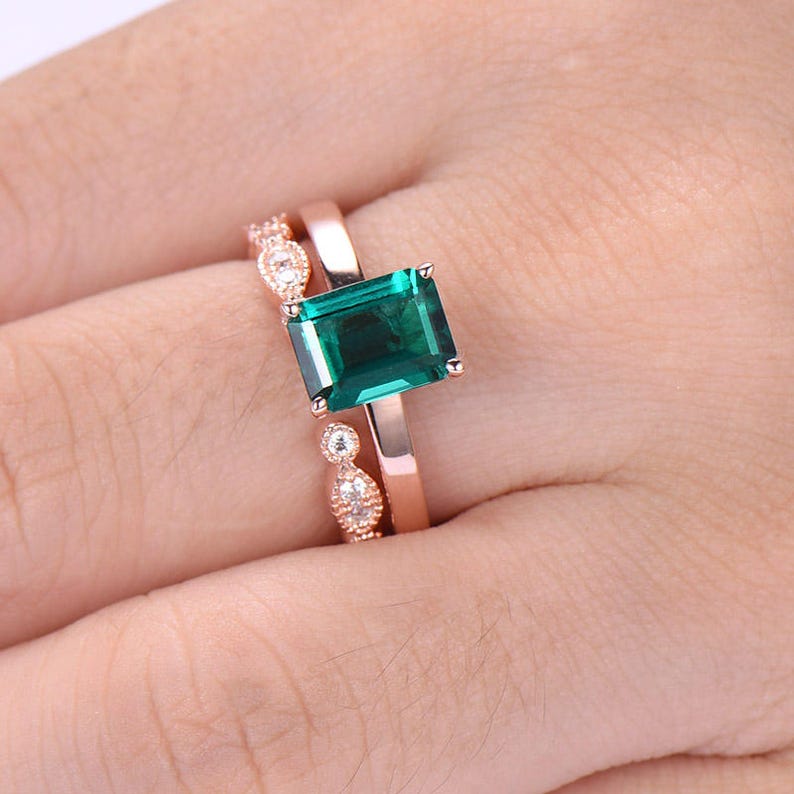 Emerald Wedding Ring Set Rose Gold Solitaire Curved Side in Etsy