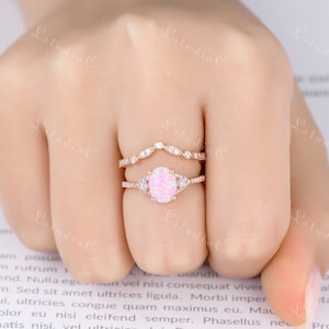 Oval Cut Pink Opal Ring Set 14k Rose Gold Vintage Fire Opal Moissanite Wedding Bridal Ring Set October Birthstone Jewelry Gift for Women image 9