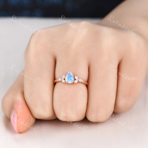 Pear Shaped Moonstone Engagement Ring Vintage Rainbow Moonstone Ring Rose Gold Marquise Moissanite Ring Unique Ring Dainty shops Promise Ring