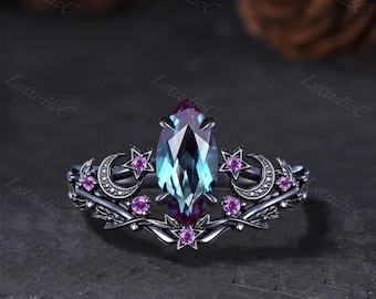 Star Moon Marquise Cut Alexandrite Gothic Ring Set Black Gold Amethyst Celestial Wedding Bridal Ring June Birthstone Leaf Twig Ring for Her