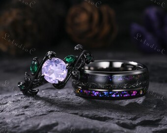 Anillo de pareja vintage de amatista lavanda, anillo de tungsteno con meteorito galáctico para hombre, anillo de hoja inspirado en la naturaleza, anillo de ramita para regalo para él y para ella