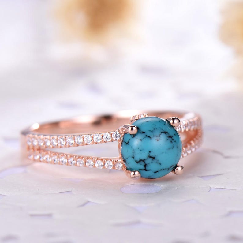 Black Blue Turquoise Engagement Ring 14k 18k Rose Gold CZ Diamond Split Shank Wedding Band 925 Sterling Silver Solitaire Bridal Anniversary