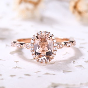 Oval Morganite Engagement Ring Rose Gold Pink Morganite Ring Dainty Morganite Halo Ring Vintage Ring Promise Wedding Ring for Women Silver