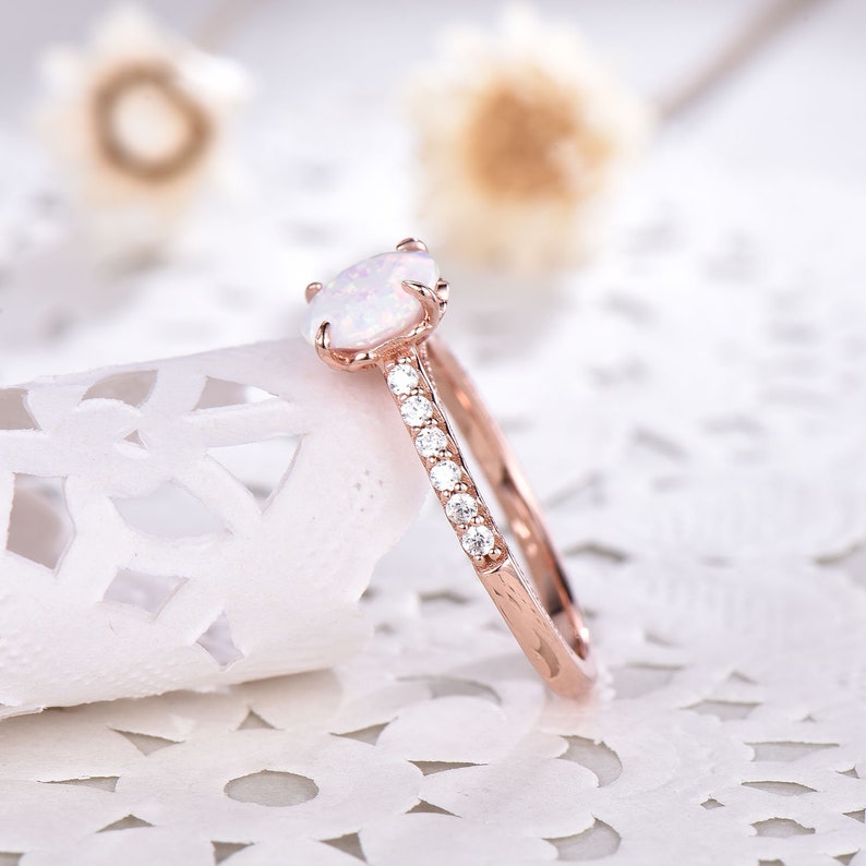 Opal Silver 14k Rose Gold Engagement Ring CZ Diamond Art Deco Filigree Vintage Eternity Solitaire Birthstone Promise Anniversary Gift Bridal