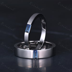 Baguette Cut Sapphire Couple Wedding Ring Set Solid White Gold Mens Plain Gold Band Women Solitaire Stacking Matching Ring Minimalist Gift