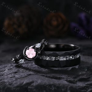 Dainty Rose Quartz Black Gold Couple Ring Set Tungsten Meteorite Men Wedding Ring for His and Her Vintage Bridal Set Unique Promise Gift