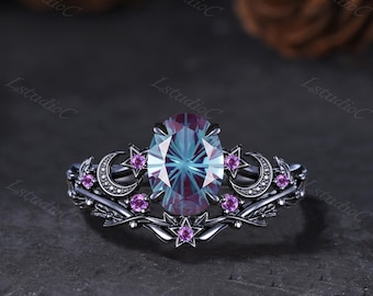 Gothic Oval Firework Cut Alexandrite Amethyst Ring Set Silver Black Gold Star Moon Celestial June Birthstone Ring Color Change Leaf Twig
