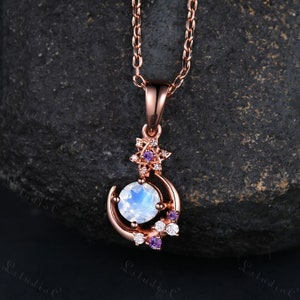 Art Deco Blue Moonstone Pendant 14k Rose Gold Unique Star Moon Amethyst Moissanite Pendant Women Anniversary Gift Dainty Gift for her