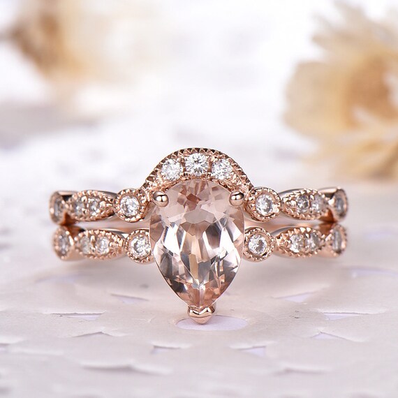 Pink Morganite Engagement Ring Set Rose Gold 14k 18k Sterling | Etsy